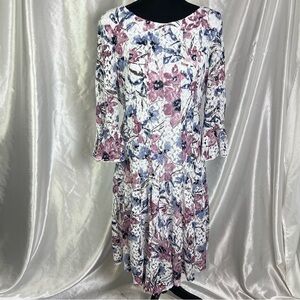 Romantic Pink & Purple Floral 3/4 Sleeve Midi Dress – Wedding Guest Dress 14/16